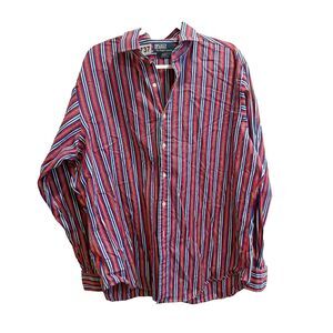 Polo Ralph Lauren Mens Red Blue Dress Shirt 17.5 XL Regent Classic Fit Striped